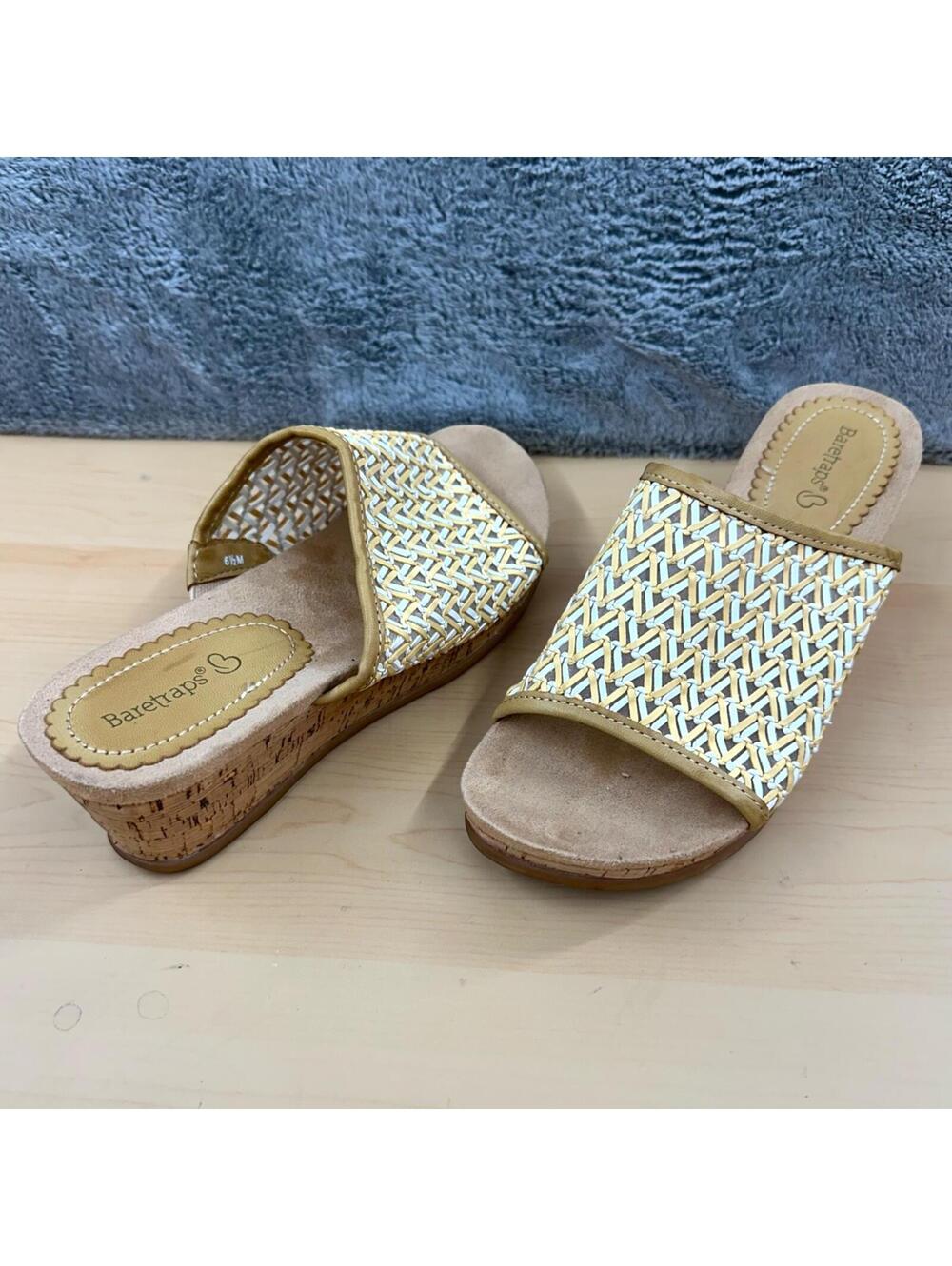 Baretraps Tan & White Wovenโ Cork Wedge Slides